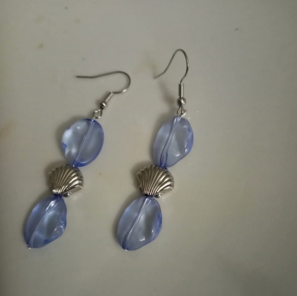 Hand Crafted Sterling silver seashell earrings pastel blue beach